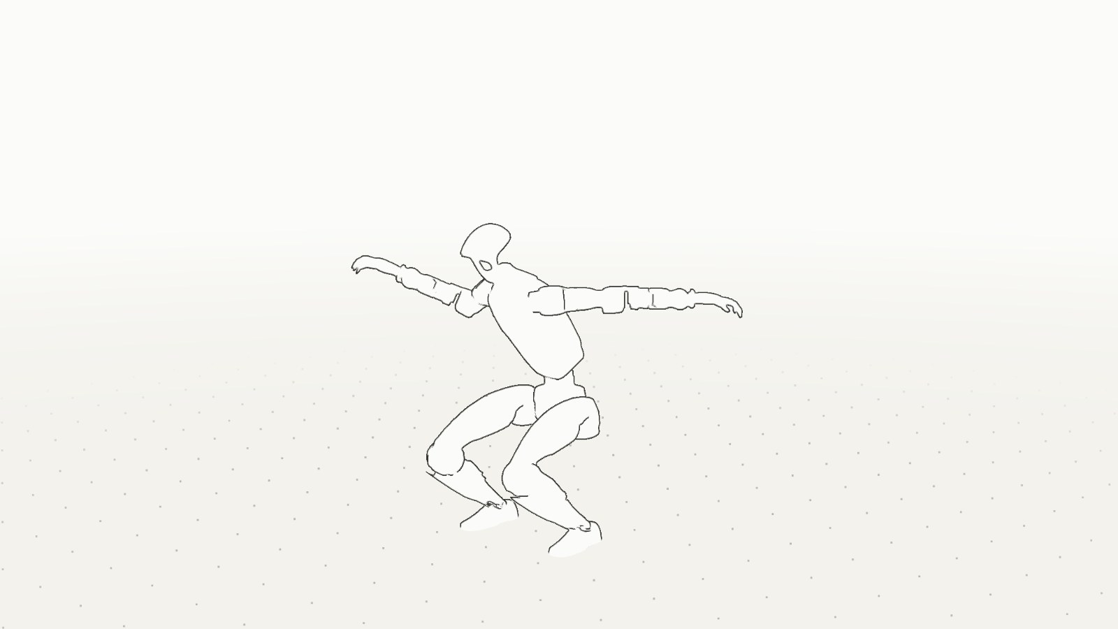 Line drawing of the humanoid in a deep squat with its arms spread